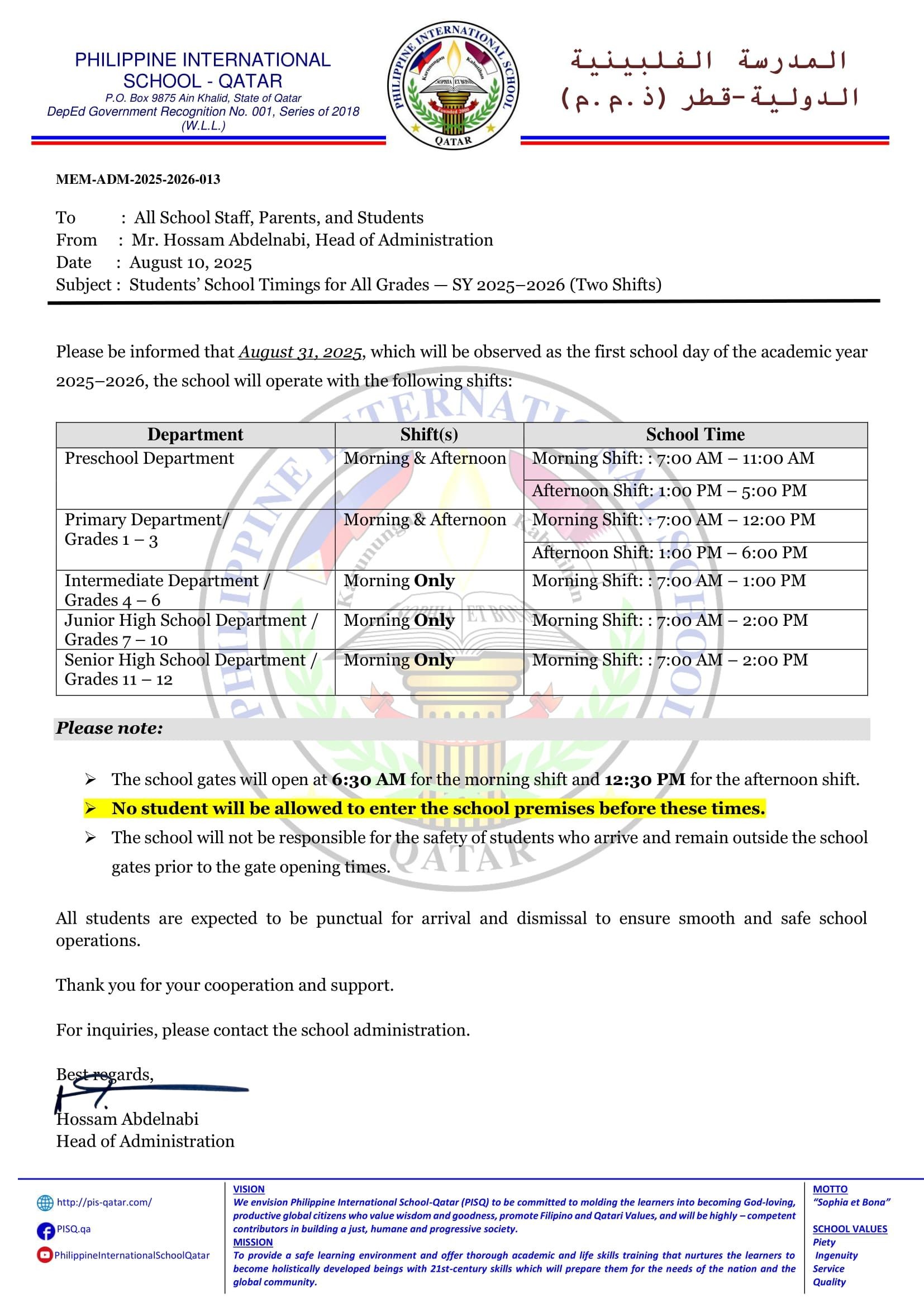 School Timings Memo